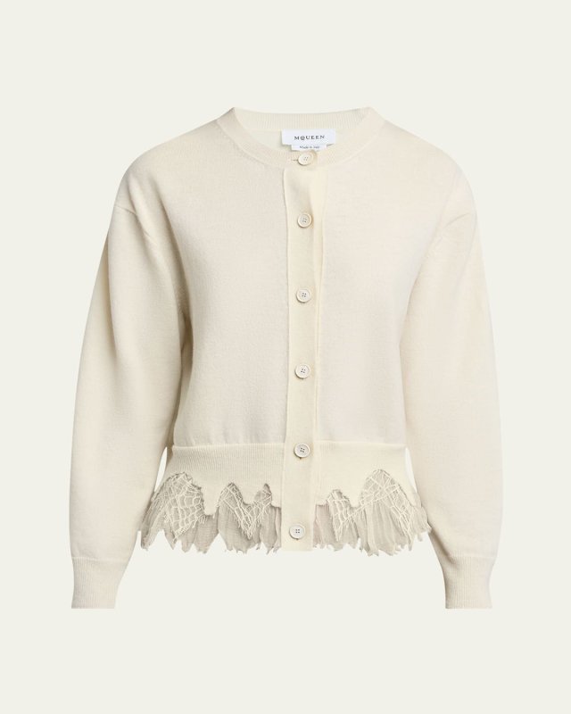 Lace-Hem Cashmere Crewneck Cardigan